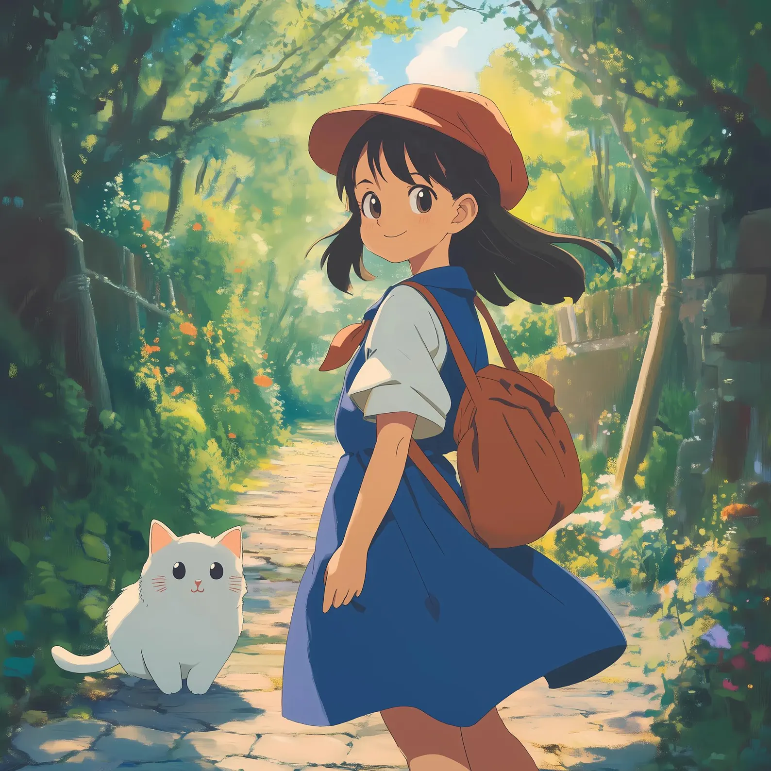 Girl with cat in Ghibli style