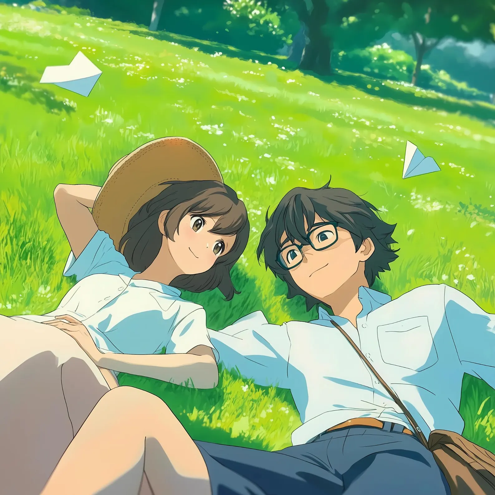 Couple on grass in Ghibli style