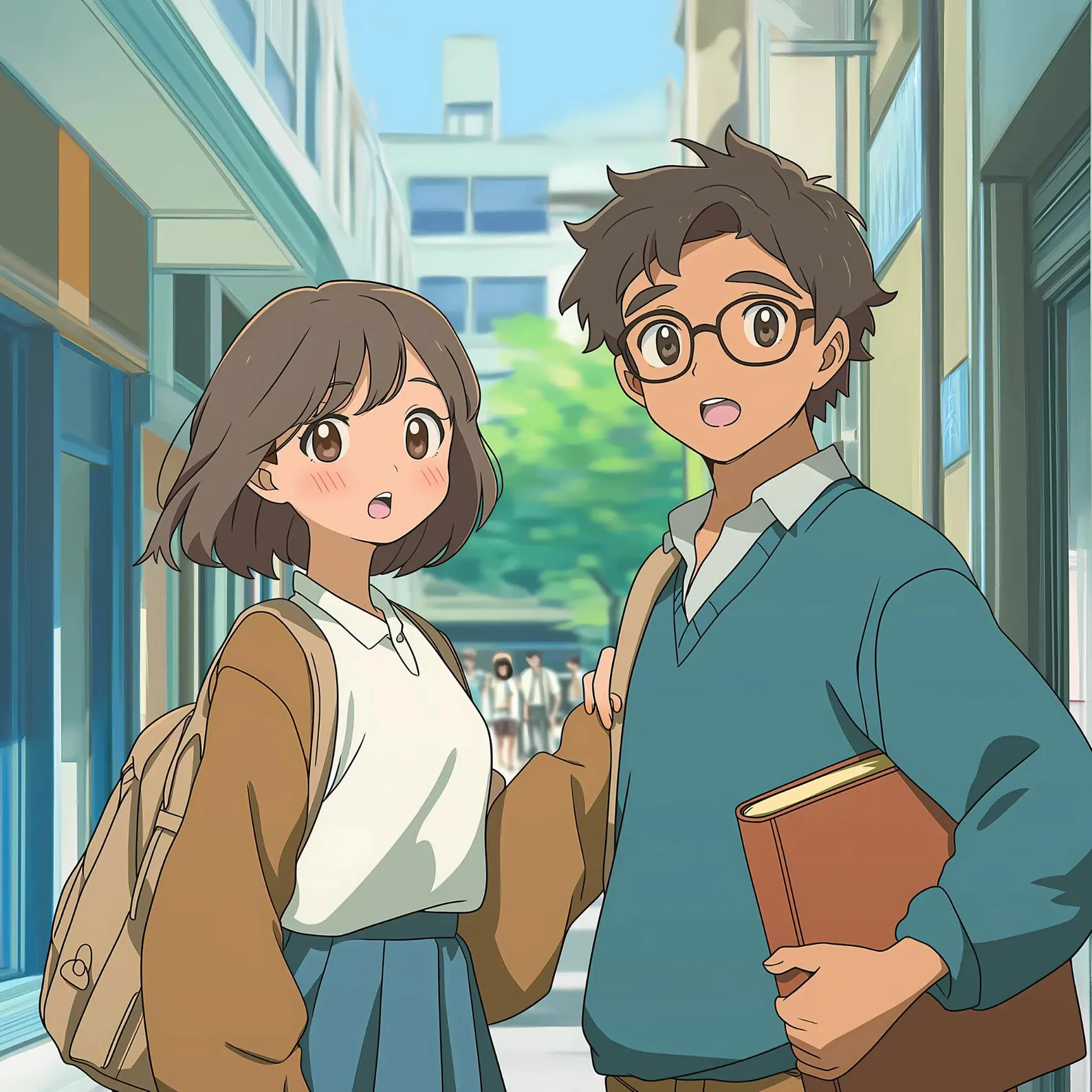 School hallway scene in Ghibli style