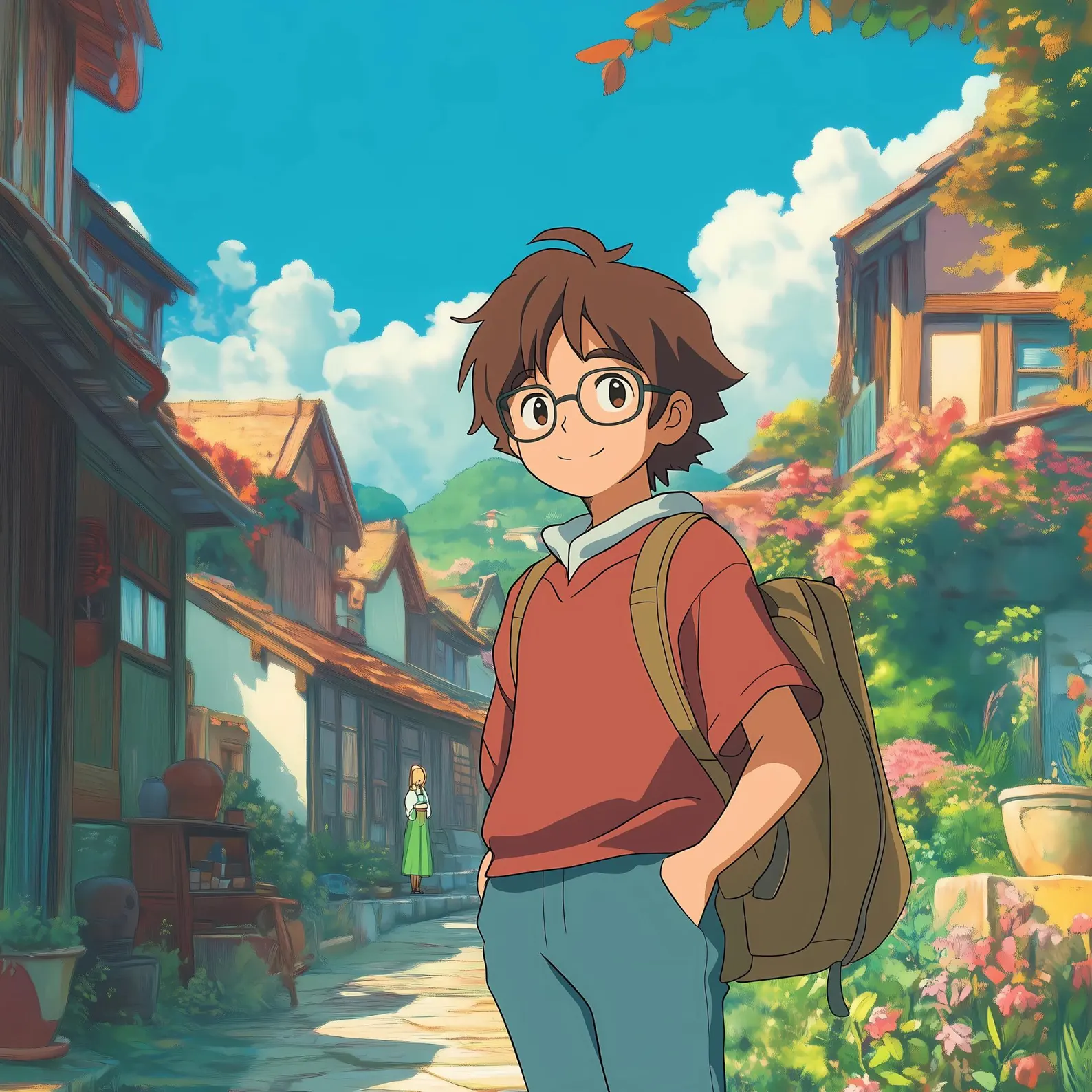 Boy in village in Ghibli style
